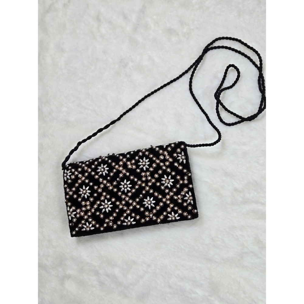 Vintage Kane M Black Velvet Beaded Faux Pearl Floral Lattice Crossbody Clutch